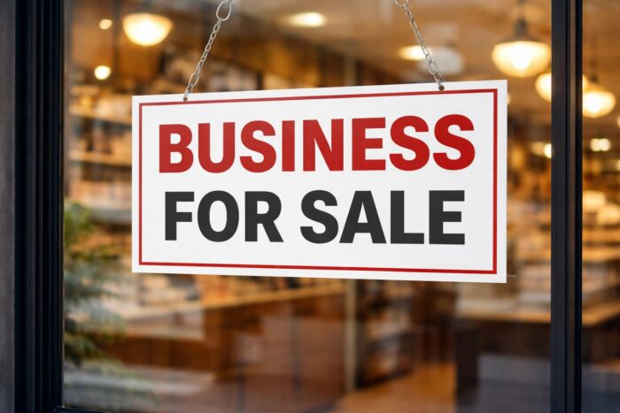 A red and white 'Business For Sale' sign hanging in a shop window
