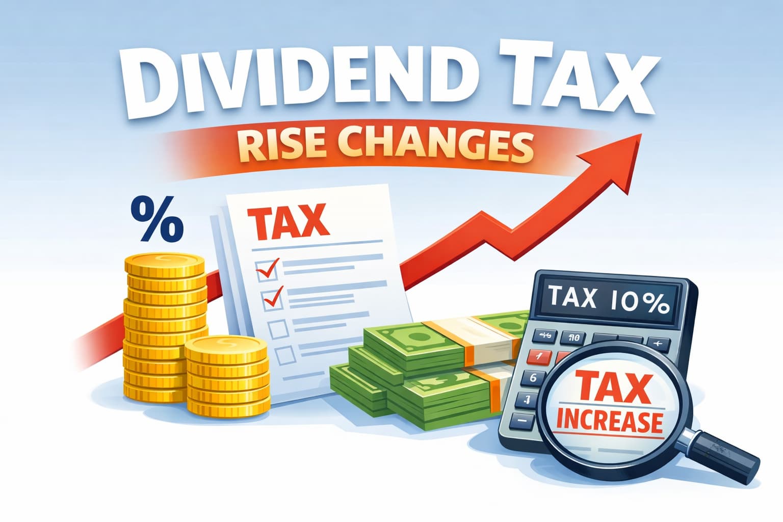 Illustration of a dividend tax rise — gold coins, a ticked tax form, a calculator and a rising red arrow over 'Tax Increase'