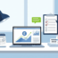 A vector illustration of a modern office desk focused on financial management. A laptop displays a growth chart with a Pound Sterling symbol, surrounded by a desk calendar, a stack of invoices, a clipboard with a checklist, and a desk lamp.