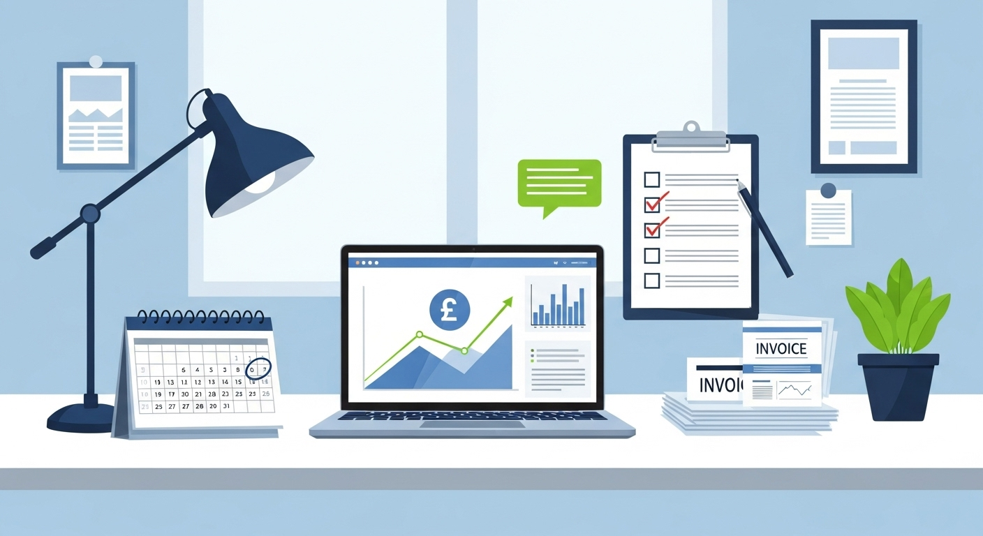A vector illustration of a modern office desk focused on financial management. A laptop displays a growth chart with a Pound Sterling symbol, surrounded by a desk calendar, a stack of invoices, a clipboard with a checklist, and a desk lamp.