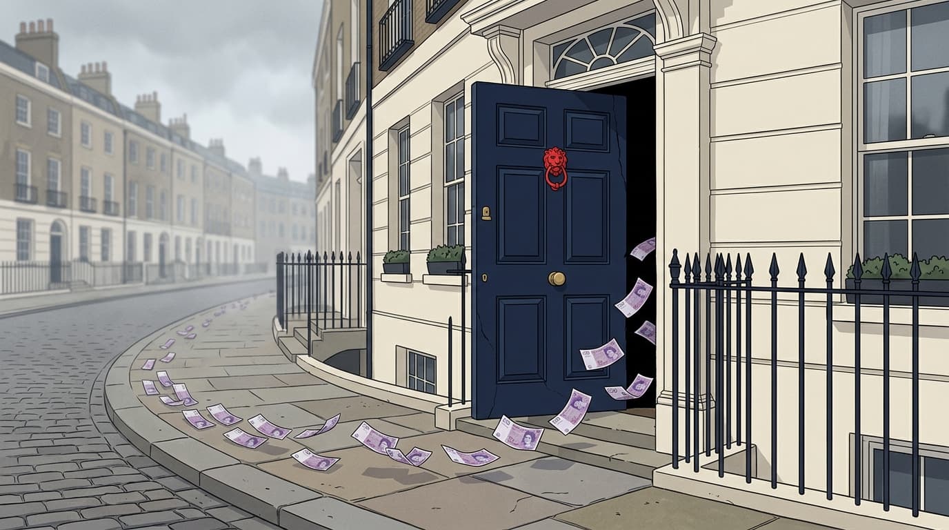 Cartoon of £20 notes blowing out of a Georgian townhouse's navy front door and scattering across the pavement