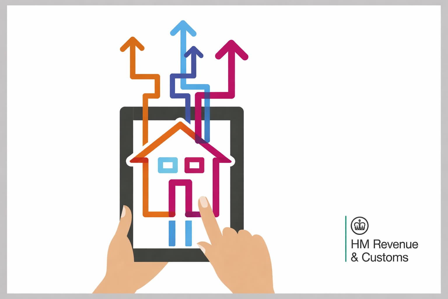 Hands using a tablet showing a house and rising arrows, branded HM Revenue & Customs — for Making Tax Digital