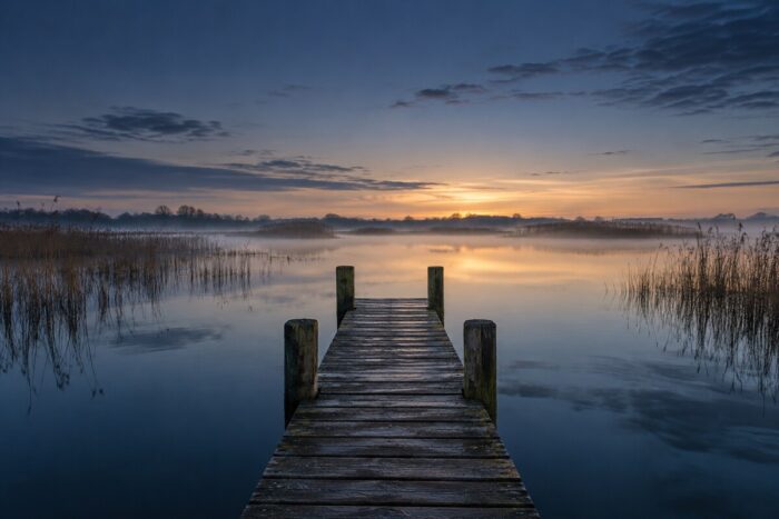 Home - Professional Accounting Services Norwich Still water at dawn beside an empty wooden jetty, with soft light on the horizon and mist over the reeds