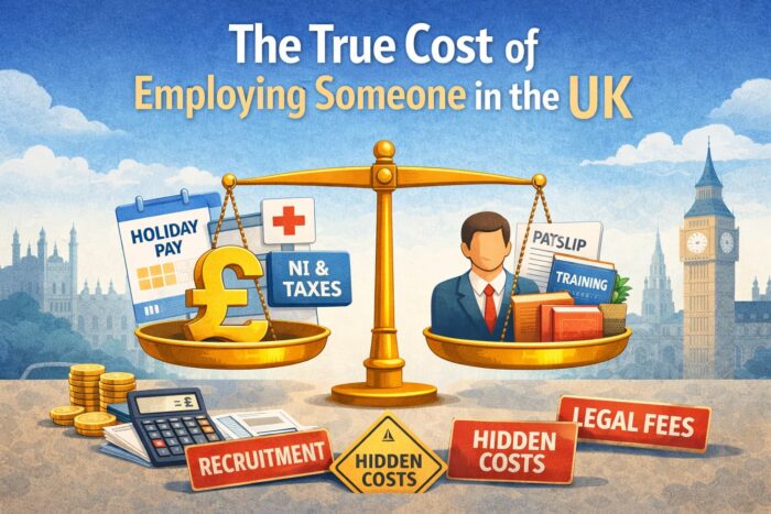 Infographic weighing the true cost of employing someone in the UK — holiday pay, NI and taxes against payslips and training