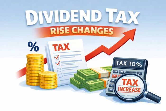 Illustration of a dividend tax rise — gold coins, a ticked tax form, a calculator and a rising red arrow over 'Tax Increase'