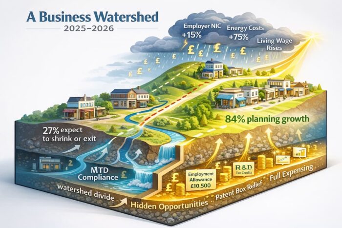Tax News & Articles - Professional Accounting Services Norwich 'A Business Watershed 2025-2026' infographic contrasting rising costs with growth opportunities for UK small businesses